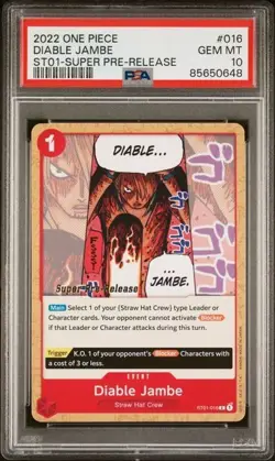 2022 ONE PIECE SUPER PRE RELEASE ST01-016 DIABLE JAMBE PSA 10 GEM MINT - Image 1