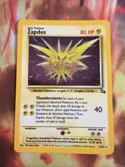 Pokemon TCG Zapdos Fossil Holo Unlimited Rare Card 15/62 Vintage LP - Image 1