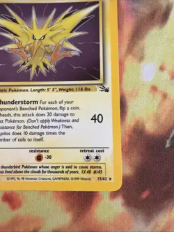 Pokemon TCG Zapdos Fossil Holo Unlimited Rare Card 15/62 Vintage LP - Image 2