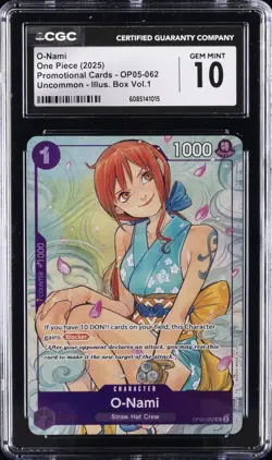 2025 ONE PIECE PROMOTIONAL CARDS UNCOMMON #OP05-062 O-NAMI CGC 10 GEM MINT - Image 1