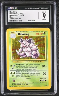 CGC 9 MINT Nidoking 1999 Base Set 11/102 Holo ERROR Pokemon Card - Image 1