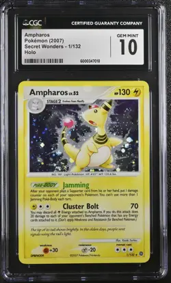 CGC 10 GEM MINT Ampharos 2007 Secret Wonders 1/132 Holo Pokemon Card - Image 1