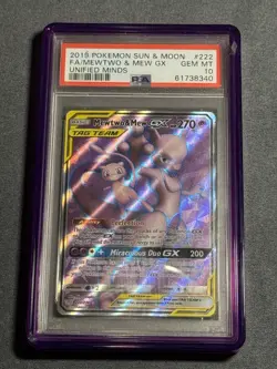 Pokemon TCG Mewtwo & Mew GX Full Art 222/236 Unified Minds PSA 10 WITH GUARD - Image 1
