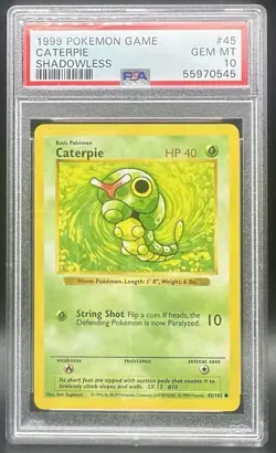 Pokemon TCG Caterpie 45/102 Shadowless 1999 Base Set PSA 10 English Card - Image 1