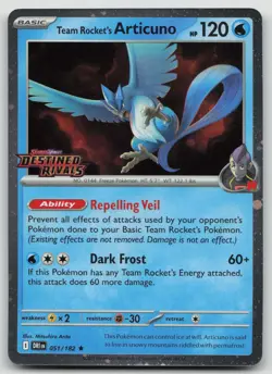 Team Rockets Articuno 51/182 Stamped Card Cosmos Holo Destined Rivals Promo - Image 1