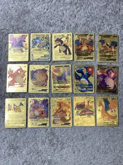 Set of 15 Charizard Evolution,V,EX,GX,VMax Gold Foil Fan Art Cards - Image 1