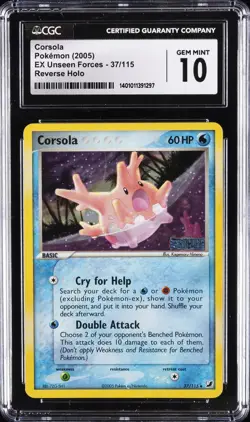 2005 POKEMON EX UNSEEN FORCES REVERSE HOLO #37/115 CORSOLA CGC 10 GEM MINT - Image 1