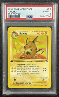 1999 Pokemon Card Fossil Set 1st Edition Raichu #29 PSA 10 English 29/62 Rare - Image 1