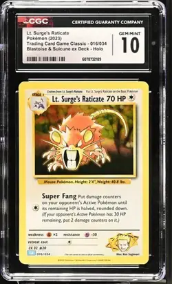 CGC 10 Lt. Surge's Raticate 016/034 Trading Card Game Classic Holo - Image 1