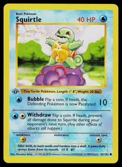 Pokemon Card - Squirtle Base Set (Shadowless) 63/102 Common 1st Edition - Image 1