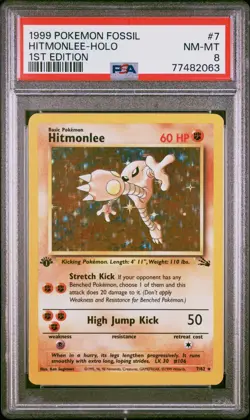 1999 POKEMON FOSSIL 1ST ED #7 HITMONLEE-HOLO PSA 8 - Image 1