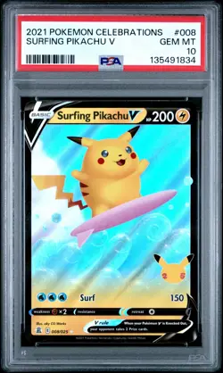 2021 POKEMON CELEBRATIONS #008 SURFING PIKACHU V PSA 10 - Image 1