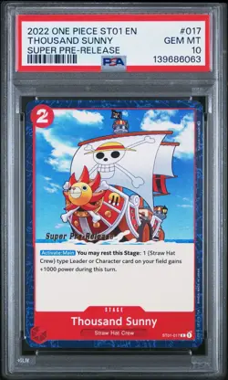 2022 ONE PIECE SUPER PRE RELEASE ST01-017 THOUSAND SUNNY PSA 10 GEM MINT - Image 1