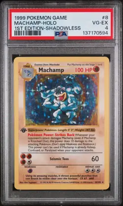 1999 Machamp 1st Edition Shadowless Holo Base Set Pokemon #8 PSA 4 - Image 1