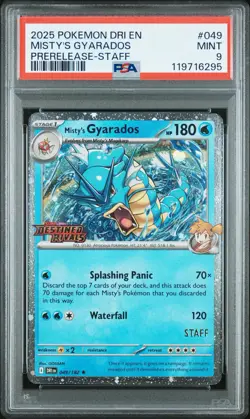 2025 POKEMON DRI EN DESTINED RIVALS PRERELEASE STAFF #049 MISTY'S GYARADOS PSA 9 - Image 1