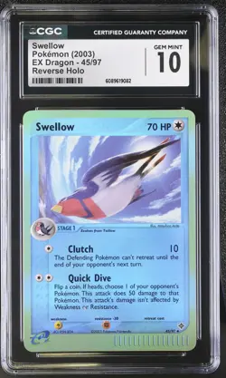 CGC 10 GEM MINT Swellow 2003 EX Dragon 45/97 Reverse Holo Pokemon Card - Image 1