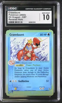CGC 10 GEM MINT Crawdaunt 2003 EX Dragon 3/97 Reverse Holo Pokemon Card - Image 1