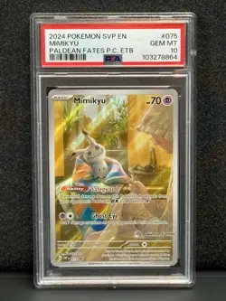 PSA 10 GEM MINT Mimikyu 075 Paldean Fates POKEMON CENTER ETB STAMP Promo Card - Image 1