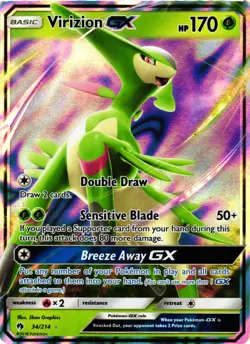 Pokemon TCG Sun & Moon Lost Thunder Virizion GX 34/214 Ultra Rare NM - Image 1