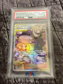 2019 POKEMON SUN & MOON COSMIC ECLIPSE #228 FULL ART/CYNTHIA & CAITLIN PSA 10 - Image 1