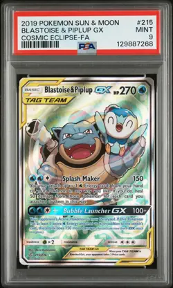 2019 POKEMON SUN & MOON COSMIC ECLIPSE #215 FULL ART/BLASTOISE & PIPLUP GX PSA 9 - Image 1