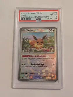 2025 Pokemon PRE Eevee Master Ball Reverse Holo PSA 8 #074 - Image 1
