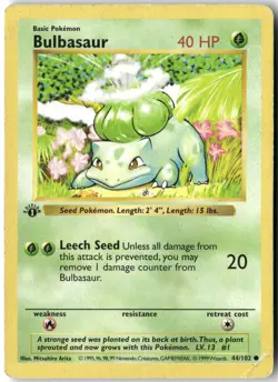 Bulbasaur, Pokemon Base Set (Shadowless) 1st Edition Common, 044/102 MP - Image 1