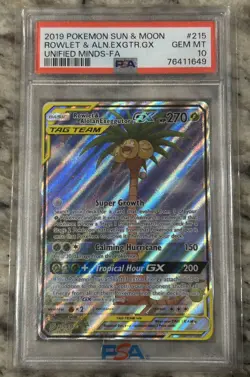 2019 POKEMON S&M UNIFIED MINDS #215 FULL ART/ROWLET & ALOLAN EXEGGUTOR GX PSA 10 - Image 1