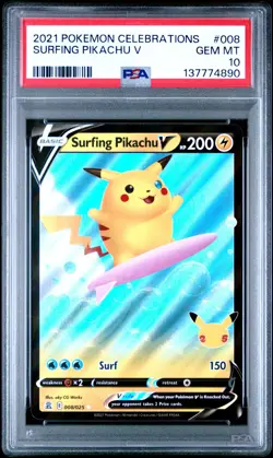 2021 POKEMON CELEBRATIONS #008 SURFING PIKACHU V PSA 10 - Image 4
