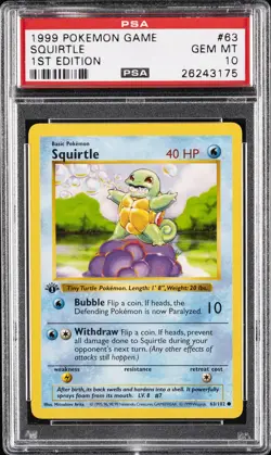 1999 POKEMON GAME 1ST ED #63 SQUIRTLE PSA 10 - Image 1