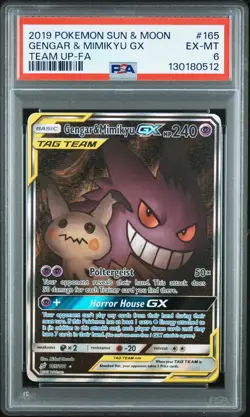 2019 POKEMON SUN & MOON TEAM UP #165 FULL ART/GENGAR & MIMIKYU GX PSA 6 - Image 1
