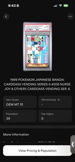 PSA 10 GEM 1999 POKEMON BANDAI CARDDASS VENDING 208 NURSE JOY & OTHERS POP 39 - Image 3