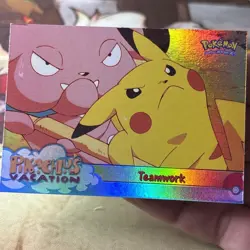 Pokemon Topps Pikachu’s Vacation Rainbow Foil Card 54 - Teamwork Pikachu - NM - Image 1