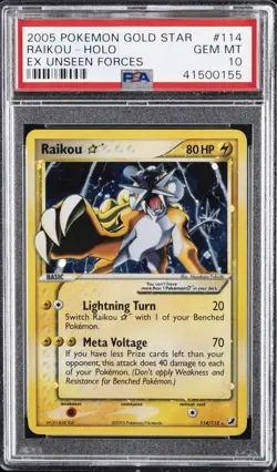 2005 POKEMON EX UNSEEN FORCES GOLD STAR #114 RAIKOU-HOLO PSA 10 - Image 1