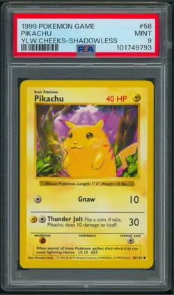 Pokemon Base Set Shadowless Pikachu 58/102 PSA 9 - Image 1