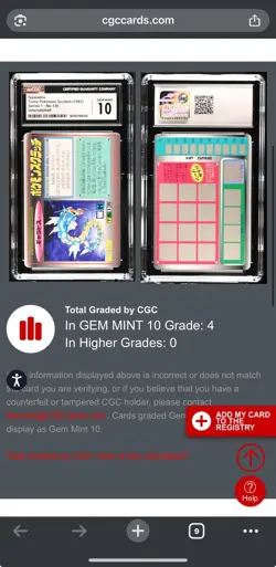 CGC 10 POKEMON TOMY SCRATCH 1997 GYARADOS UNSCRATCHED **POP 4 NONE HIGHER** - Image 2