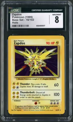 1999 Pokemon Base Set Unlimited Zapdos Holo Rare 16/102 CGC 8 - Image 1