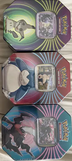 🔥 Lot of 3 Pokemon Tin Set Snorlax Mimikyu Darkrai Sealed RARE TINS. 93 CARDS🔥 - Image 1