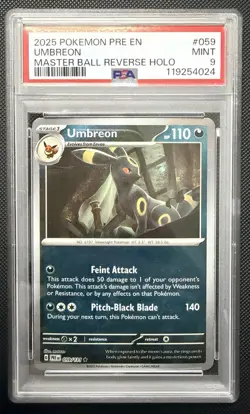 2025 Pokemon Prismatic Evolution Umbreon Master Ball Reverse Holo PSA 9 MINT - Image 1