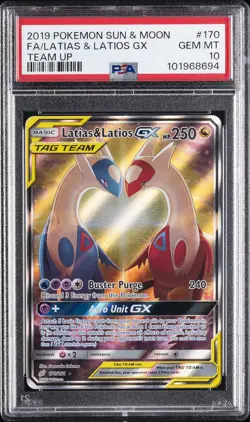 2019 POKEMON SUN & MOON TEAM UP #170 FULL ART/LATIAS & LATIOS GX PSA 10 - Image 1
