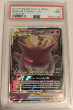 2019 POKEMON SUN & MOON TEAM UP #53 GENGAR & MIMIKYU GX PSA 9 - Image 1