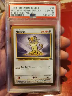 1999 Pokemon Jungle 56 Meowth Gold Border Fruit Roll Up Promo PSA 10 Gem Mint - Image 1
