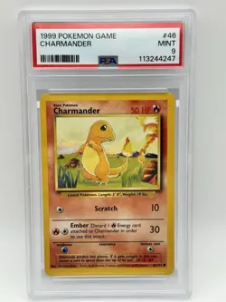 Pokemon Charmander Base Set Common Card 46/102 1999 Unlimited, PSA 9 Mint - Image 1