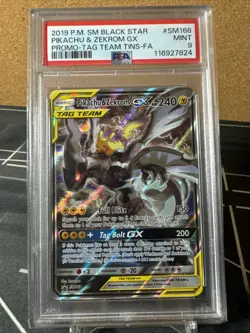 Pokemon Pikachu & Zekrom GX TCG Sun & Moon SM168 Holo Black Promo Tag Team PSA 9 - Image 1