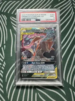 2019 POKEMON SUN & MOON UNBROKEN BONDS #107 GRENINJA & ZOROARK GX PSA 9 - Image 1