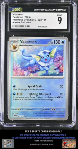 2025 Pokemon Prismatic Evolutions #022/131 Vaporeon Graded CGC 9 - Image 1