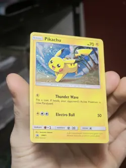 Pokemon TCG Pikachu SM81 Cosmos Foil Black Star Promo Light Play HD SWIRL!! - Image 3