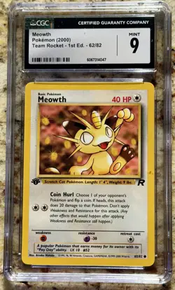 Pokemon Meowth #62 1st Edition - Team Rocket 2000 - CGC 9 Mint - Image 1