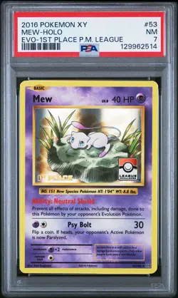 2016 POKEMON XY EVOLUTIONS 1ST PLACE POKEMON LEAGUE #53 MEW-HOLO PSA 7 - Image 1