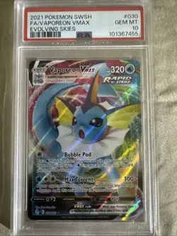 PSA 10 2021 Pokemon SWSH FA/VAPOREON VMAX EVOLVING SKIES - Image 1